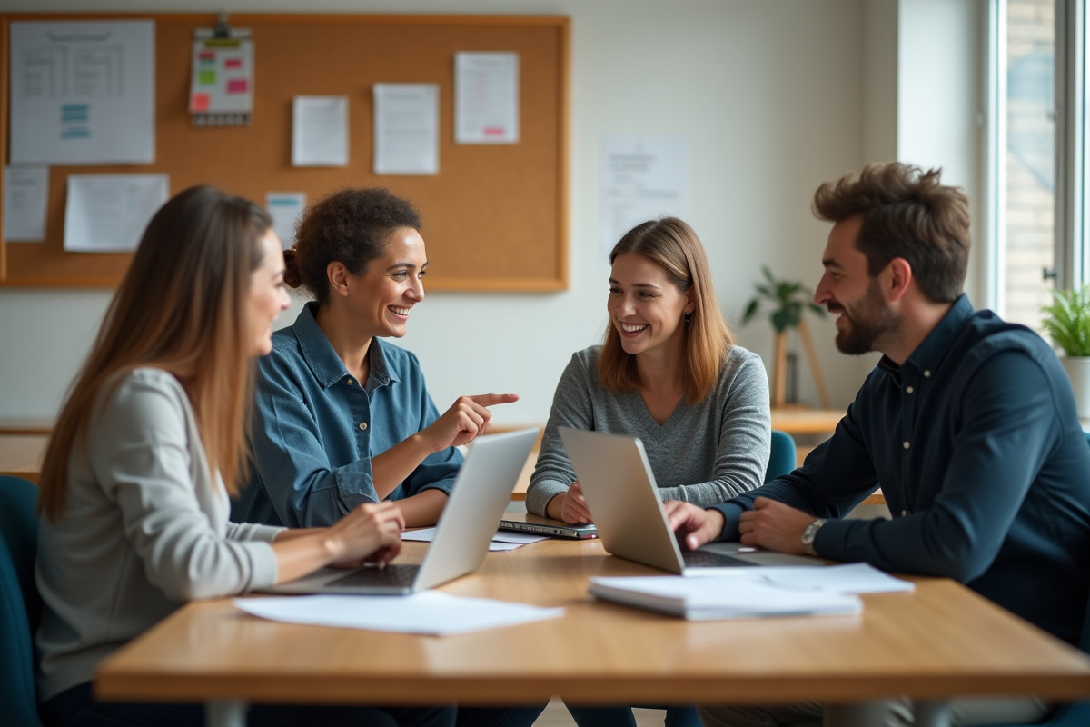 Quatre enseignants discutent dans une salle de personnel moderne