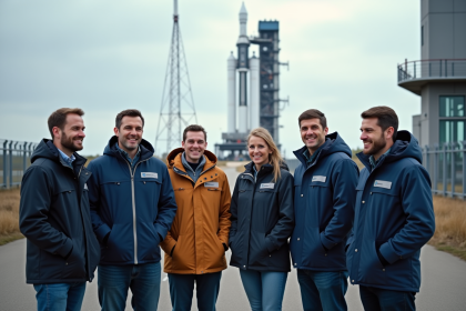 Groupe d'ingénieurs aérospatiaux devant la fusée Ariane 6