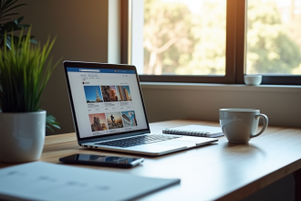 Espace de travail moderne avec ordinateur et réseaux sociaux
