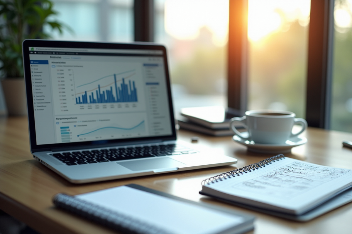 Espace de travail moderne avec ordinateur et graphiques SEO