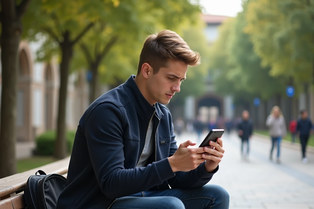 Étudiant consultant son smartphone sur un campus et confronté à un problème d'accès à sa messagerie ac-montpellier.fr