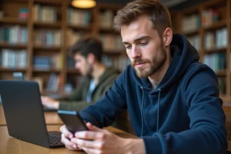Étudiant de l'INSA Rouen configurant son webmail sur smartphone dans une bibliothèque universitaire