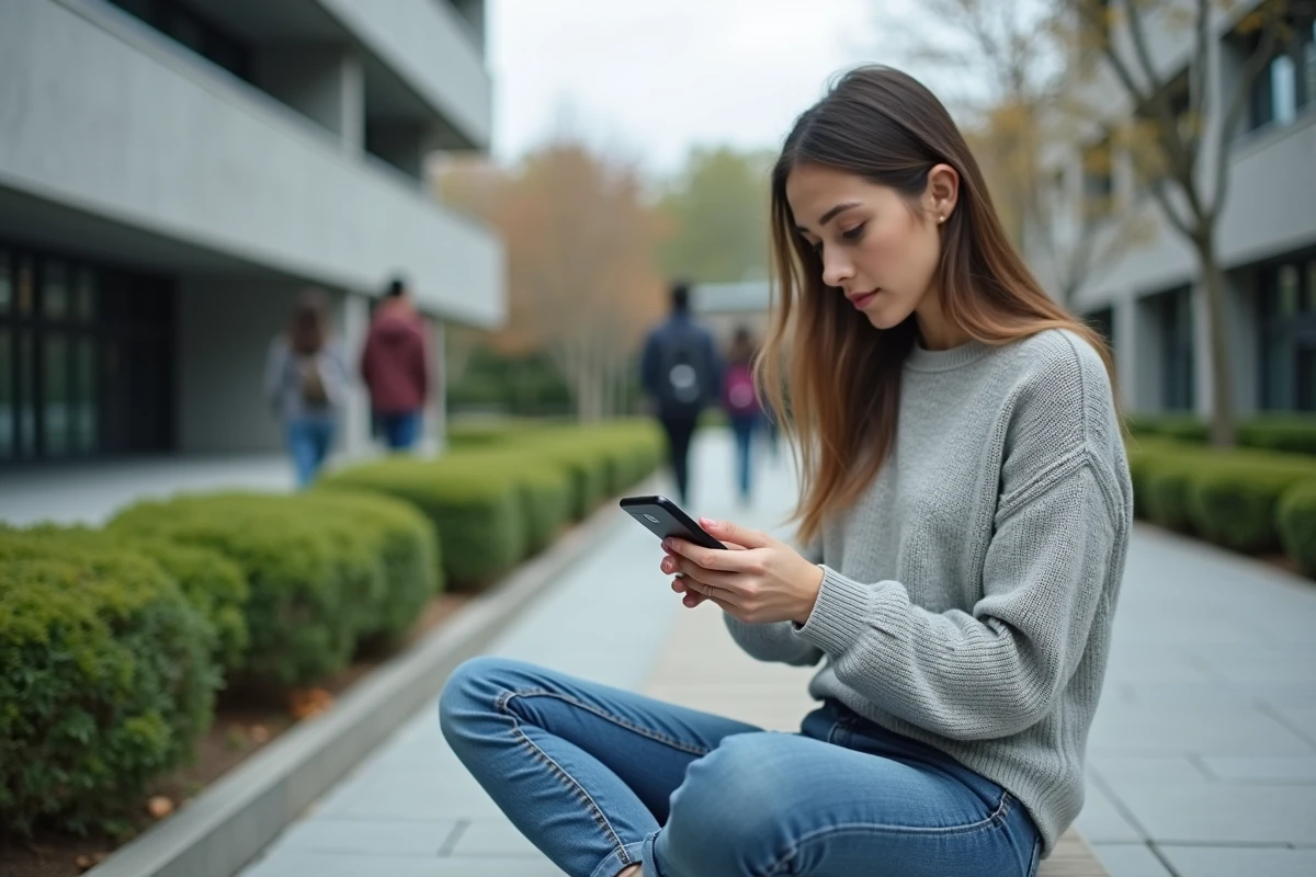 Étudiante configurant sa messagerie INSA Rouen sur téléphone mobile en plein air sur le campus