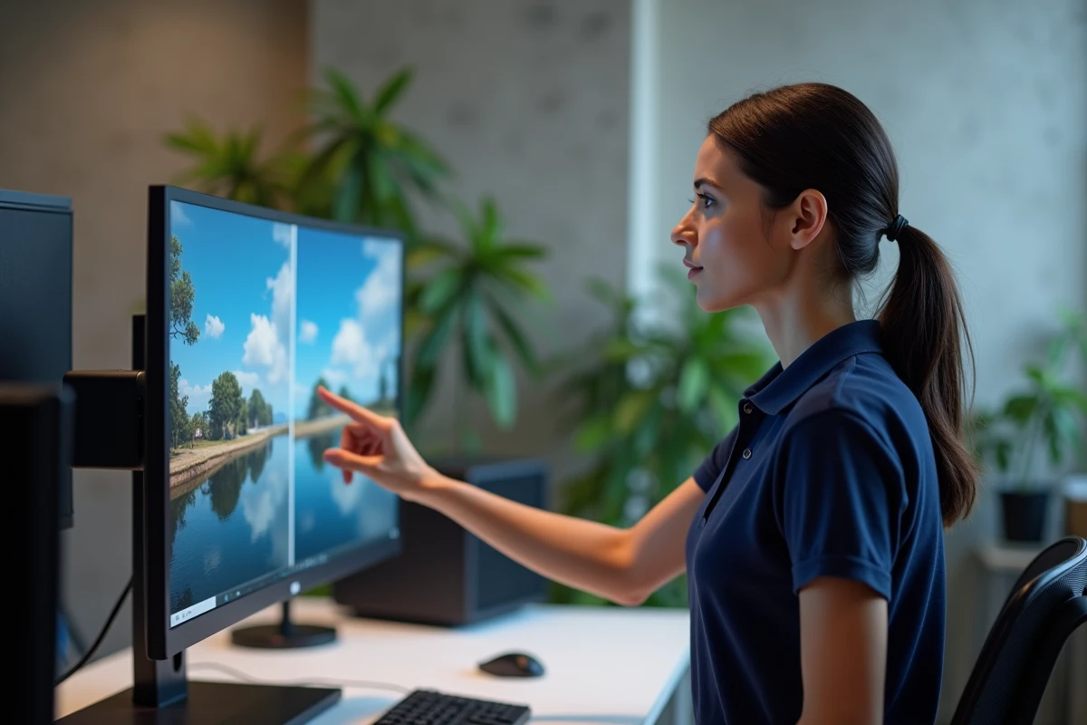 Experte en technologie présentant une comparaison de qualité d'image DLSS sur moniteur en bureau