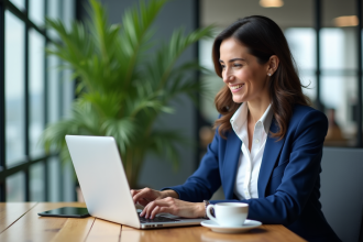 Femme d'affaires analysant des données marketing sur son ordinateur