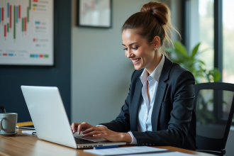 Femme d'affaires souriante analysant des graphiques financiers sur un ordinateur
