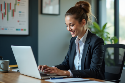 Femme d'affaires souriante analysant des graphiques financiers sur un ordinateur