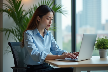 Jeune femme professionnelle analysant des données SEO au bureau