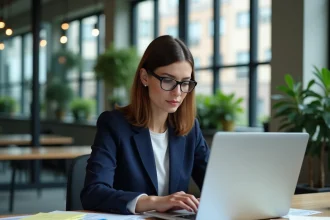 Femme en blazer bleu analysant des tableaux de budget pour planifier les coûts d'abonnement ChatGPT 5 en 2026