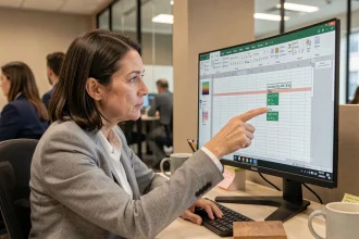 Femme analysant un tableau Excel avec formules de moyenne pondérée sur un grand écran de bureau
