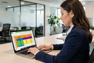 Femme professionnelle analysant un tableau Excel de comparaison de pourcentages entre deux années sur un ordinateur portable en entreprise