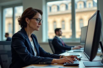 Femme en blazer marine analysant des alertes de phishing sur un ordinateur de bureau dans un open-space administratif de style Versailles