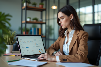Jeune femme professionnelle analysant un tableau de bord digital