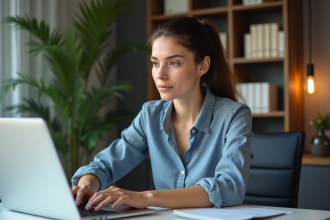 Jeune femme concentrée travaillant sur un ordinateur dans un bureau moderne