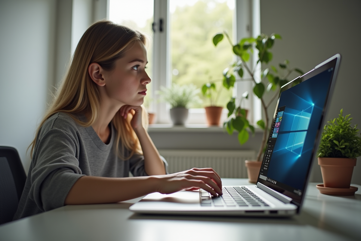 Jeune femme avec déficience visuelle utilisant un ordinateur avec lecteur d'écran