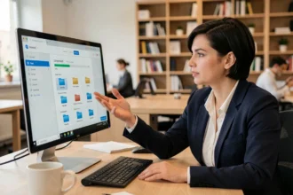 Femme professionnelle utilisant une application de compression de fichiers ZIP sur son ordinateur de bureau au travail
