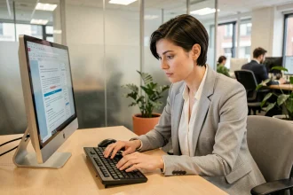 Femme au bureau tapant sur un clavier AZERTY avec des raccourcis clavier visibles dans un open space moderne