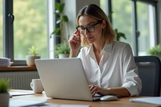 Femme concentrée travaillant sur son ordinateur dans un bureau lumineux