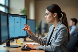 Femme en blazer gris utilisant Excel sur un grand écran avec des lignes et colonnes figées surlignées