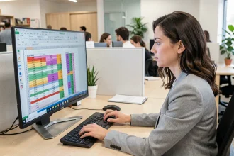 Femme utilisant Excel sur un grand écran dans un bureau moderne pour inverser un tableau avec des formules