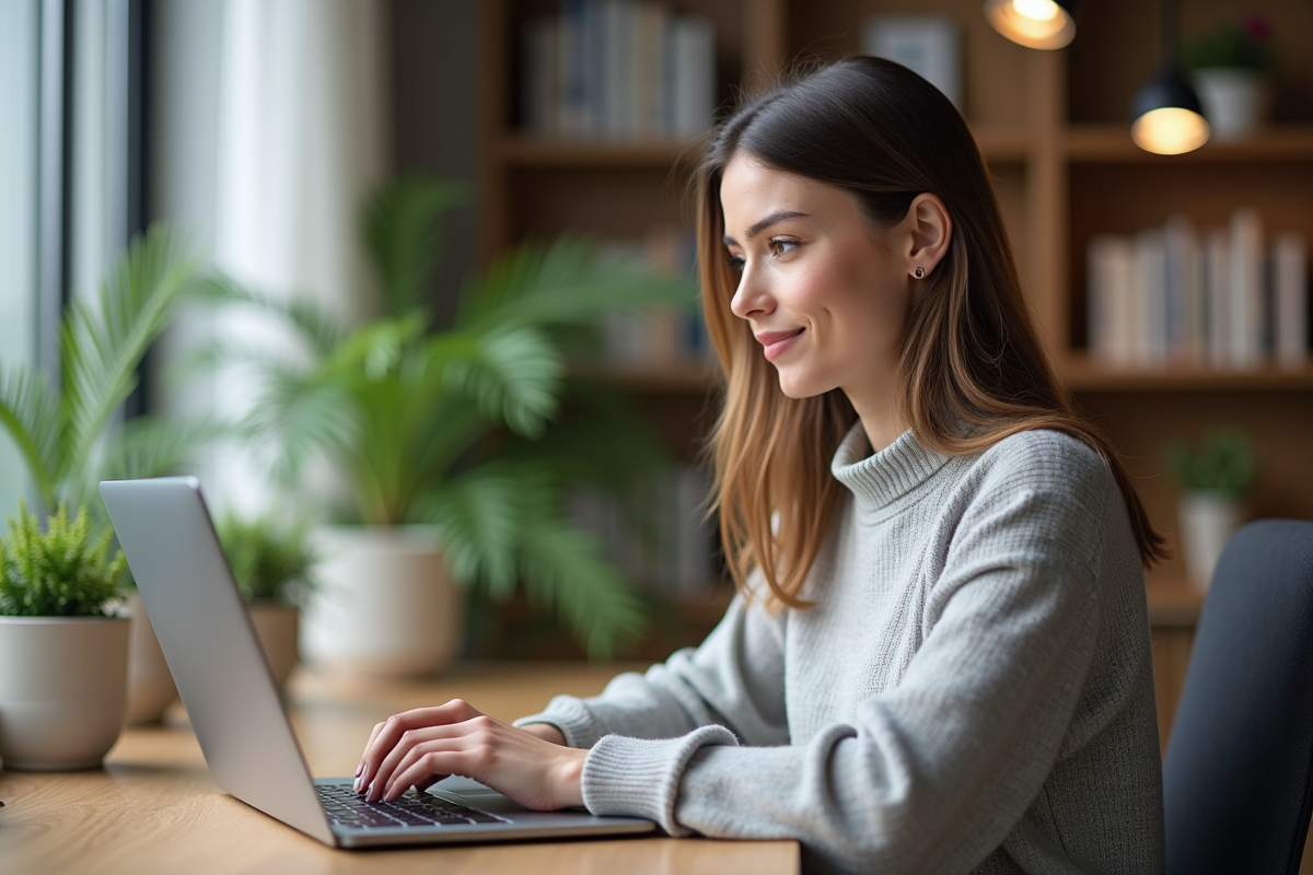 Femme assise à un bureau moderne travaillant sur un ordinateur portable