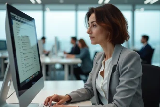Femme au bureau accédant à sa messagerie Orange sur un ordinateur de bureau dans un open space moderne