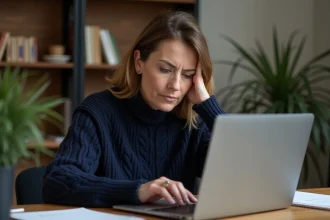 Femme d'âge moyen travaillant sur un ordinateur portable dans un bureau à domicile