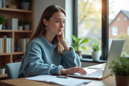 Jeune femme au bureau regardant options de stockage cloud