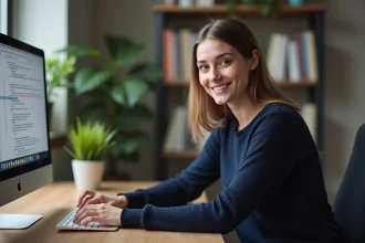 Jeune femme au bureau avec clavier et ordinateur
