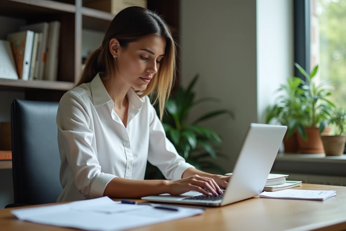 Femme concentrée travaillant sur son ordinateur dans un bureau moderne