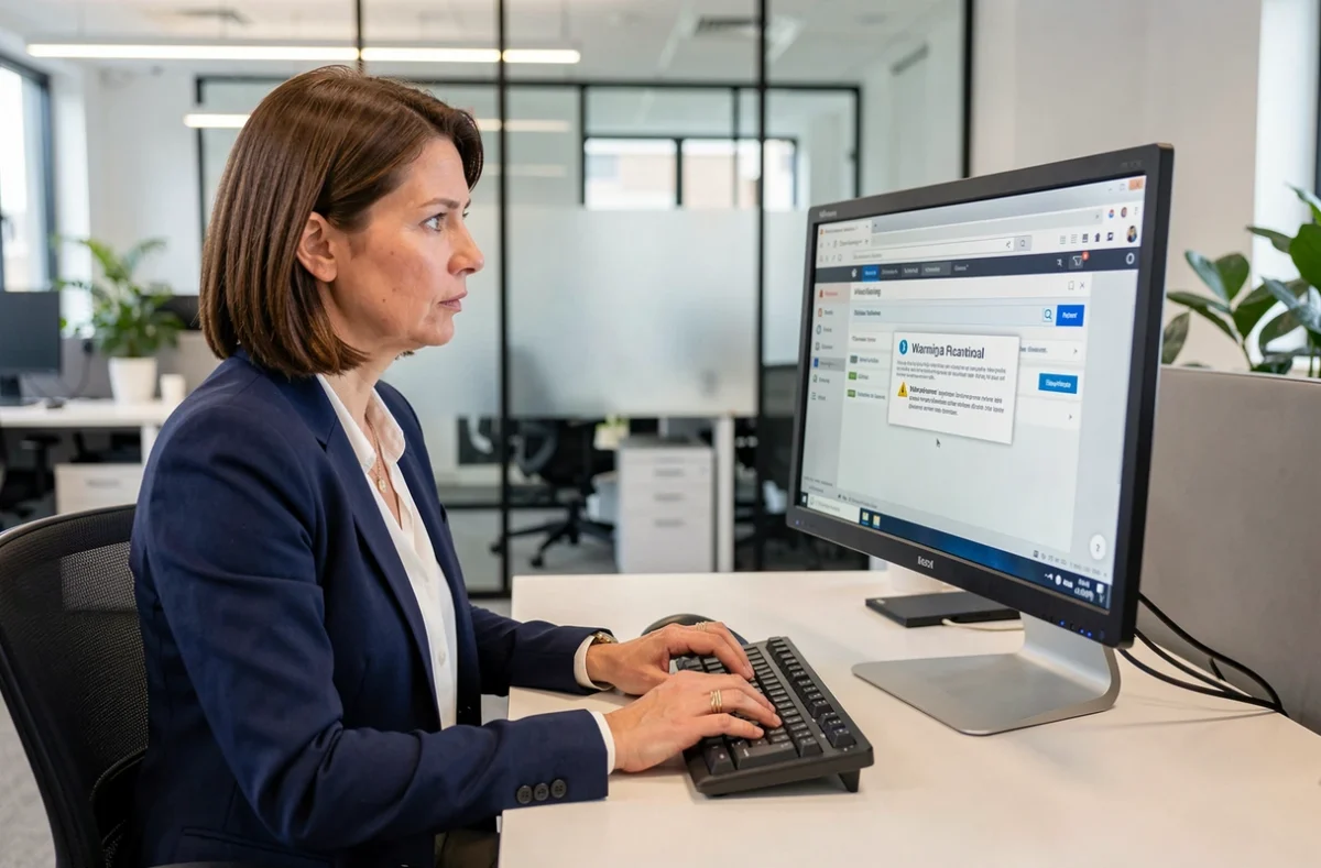Femme en bureau open-space consultant un écran avec une erreur de connexion webmail IONOS