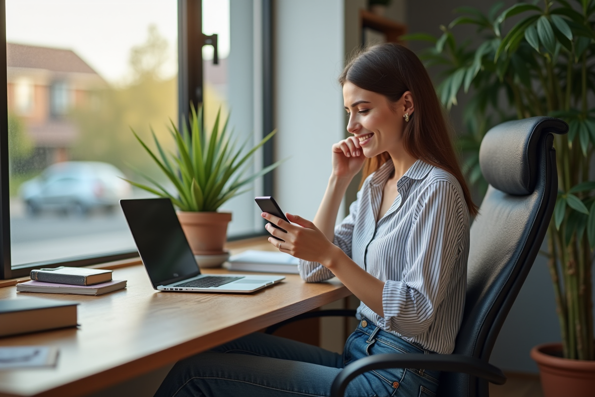 Jeune femme au bureau regardant son smartphone avec sourire