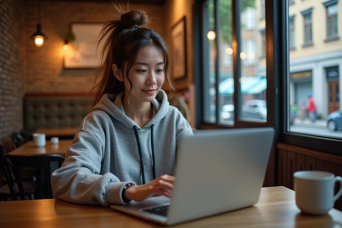 Jeune femme d&eacute;tendue utilisant un ordinateur dans un caf&eacute;