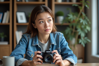 Femme en denim examine un appareil photo hybride dans un bureau