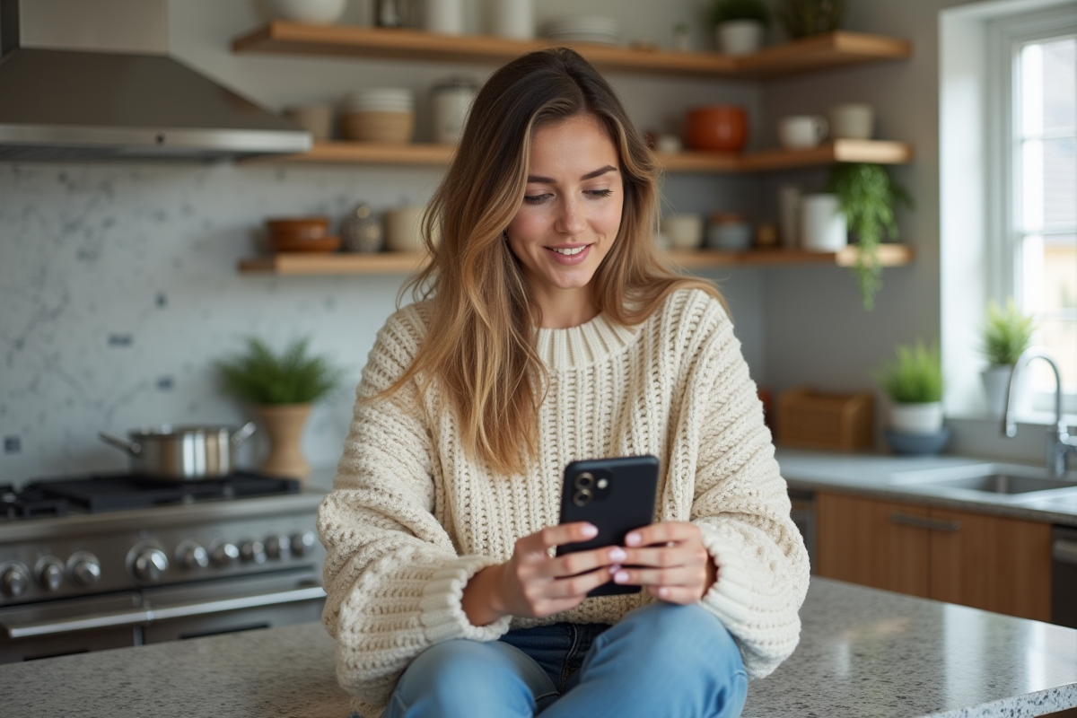 Femme décontractée parlant à son smartphone dans une cuisine moderne