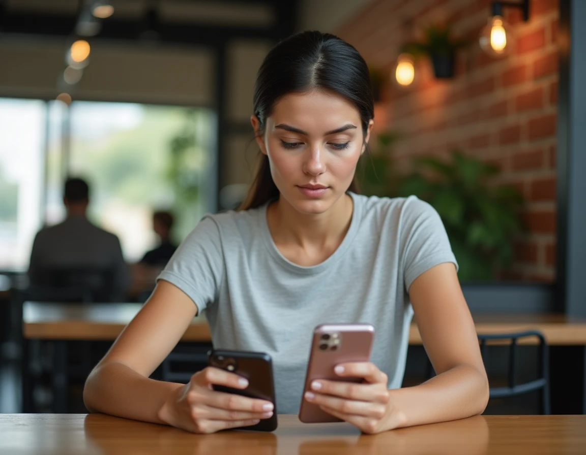 Femme comparant deux smartphones Xiaomi 14T côte à côte dans un café moderne