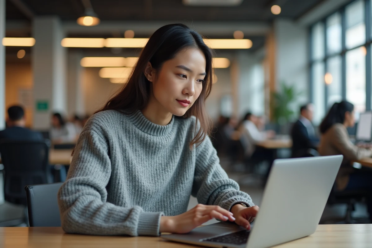 Femme comparant deux laptops dans un espace de coworking animé