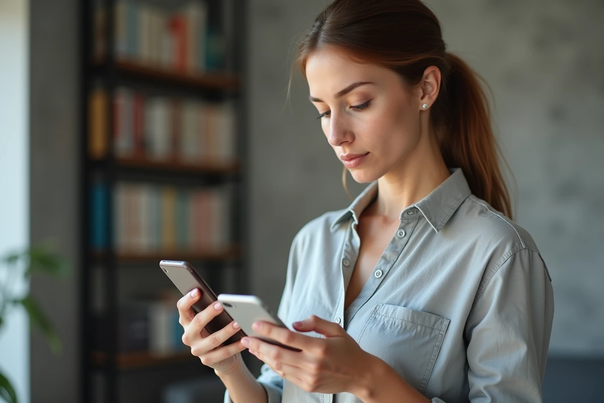 Femme comparant le Google Pixel 8 Pro et le Pixel 8 dans un salon moderne, vue en trois-quarts