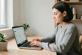 Femme utilisant un compteur de caractères sécurisé sur un ordinateur portable dans un bureau minimaliste à domicile