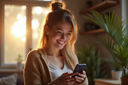 Jeune femme souriante désactivant la connexion mobile dans un intérieur chaleureux