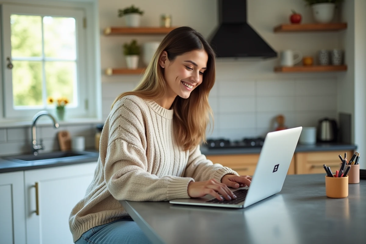 Femme souriante utilisant son ordinateur dans la cuisine