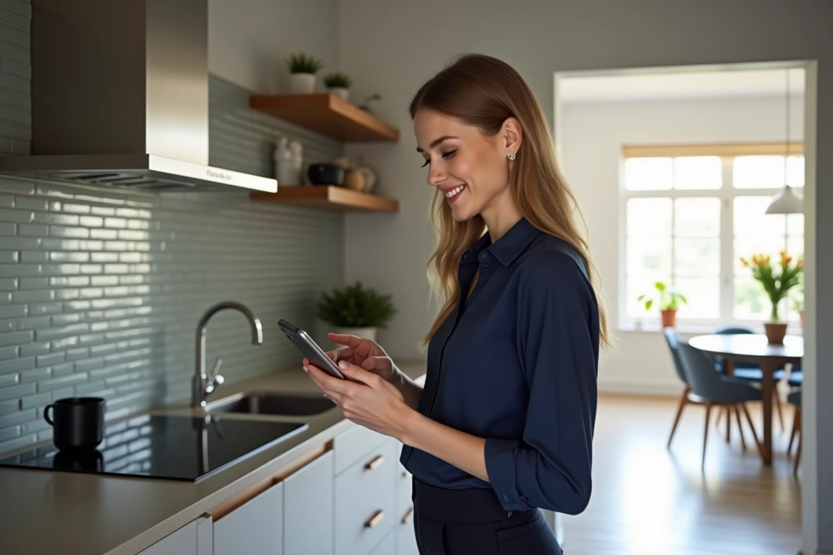 Jeune femme dans la cuisine v&eacute;rifiant ses options sur smartphone