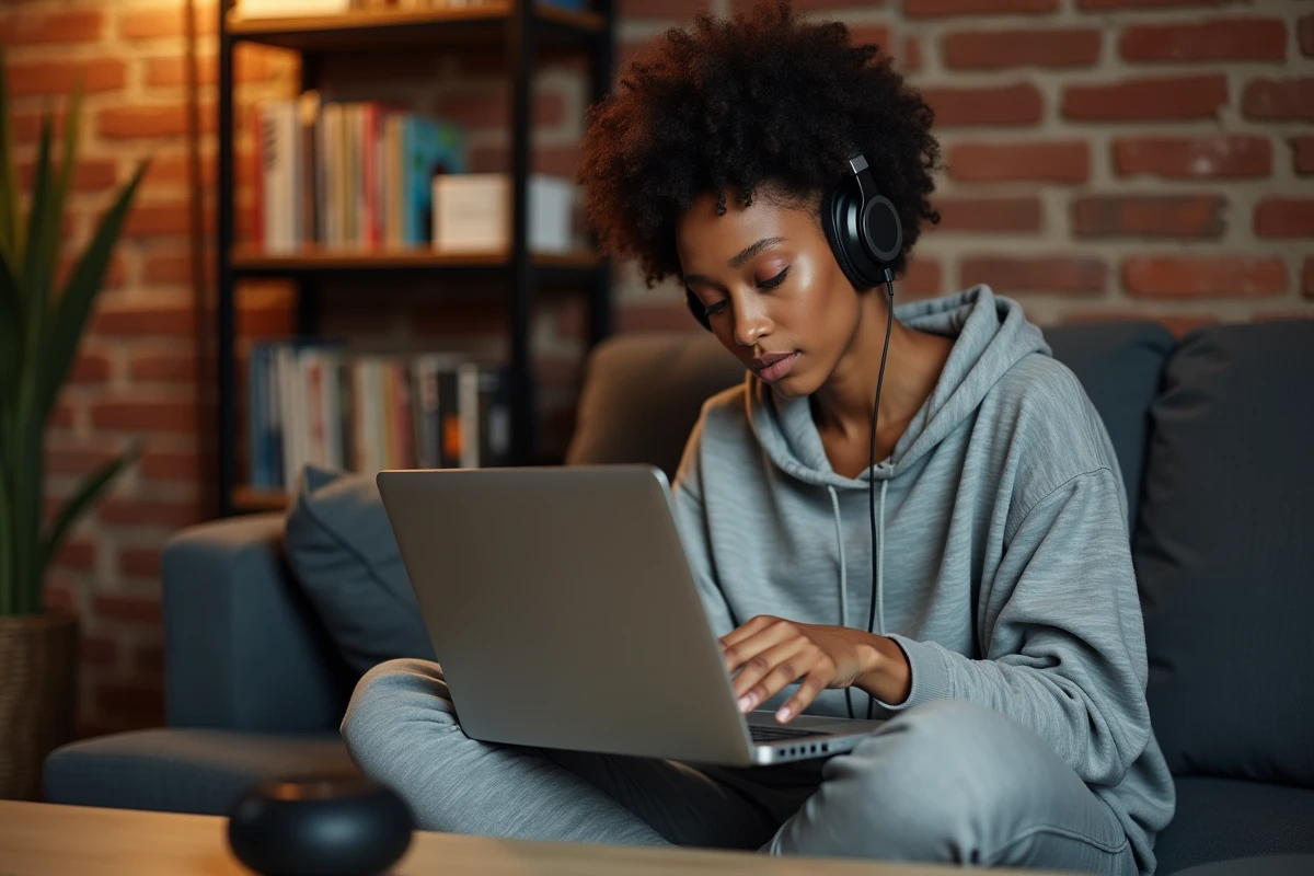 Femme DJ amateur convertissant de la musique YouTube en MP3 sur son laptop dans son salon