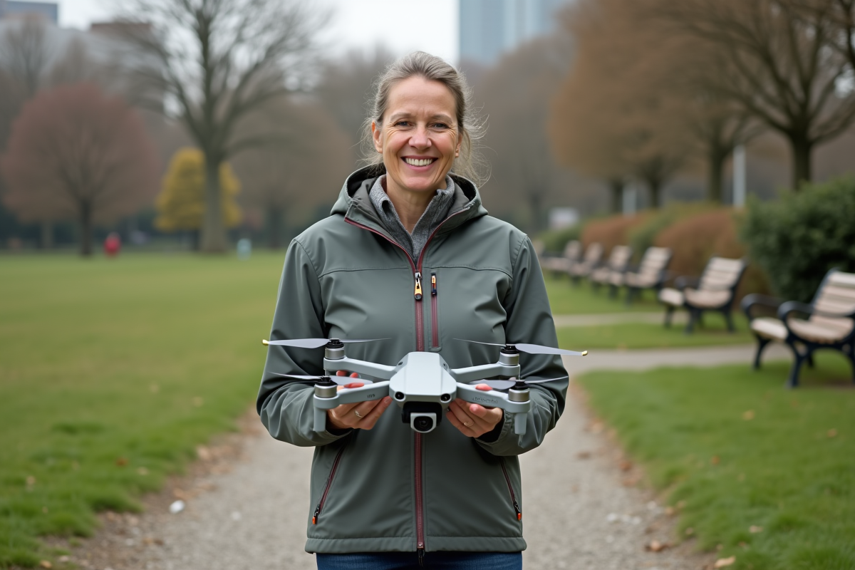 Femme souriante avec drone prêt à voler dans un parc