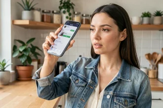 Femme utilisant Google Lens sur smartphone pour scanner une étiquette produit dans une cuisine moderne