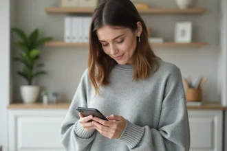 Femme tenant un iPhone 14 entre ses mains dans un bureau moderne et minimaliste