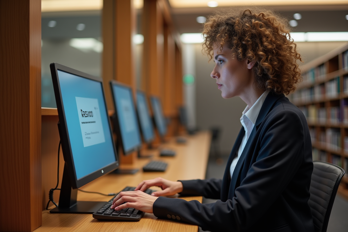 Femme d age moyen utilisant un ordinateur en bibliothèque