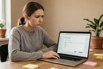 Femme frustrée devant un écran d'ordinateur portable affichant une liste de mots de passe vide dans les paramètres du navigateur