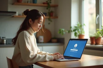 Jeune femme utilise Messenger sur son ordinateur à la maison