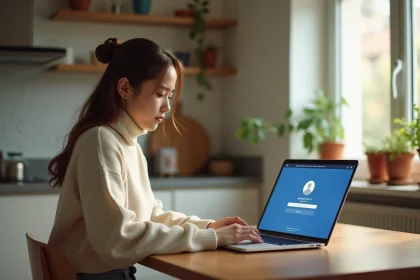 Jeune femme utilise Messenger sur son ordinateur &agrave; la maison